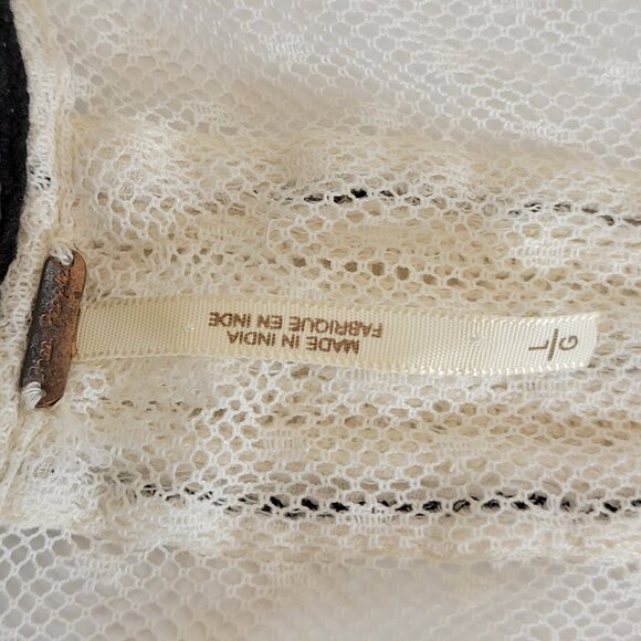 Free People Semi Sheer Peasant Style Tunic w/Embroidery Tie Front Beige/Blk Sz L - Picture 4 of 14